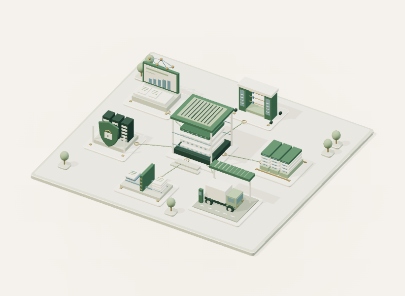 An architectural model: a central record store linked to standards, security, translation and transport.
